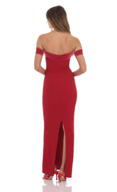 Tulle Off Shoulder Sleeve Maxi Dress in Red